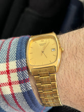 Load image into Gallery viewer, Vintage 1980s Pulsar by Seiko Gold Rectangle Quartz Men’s Dress Watch
