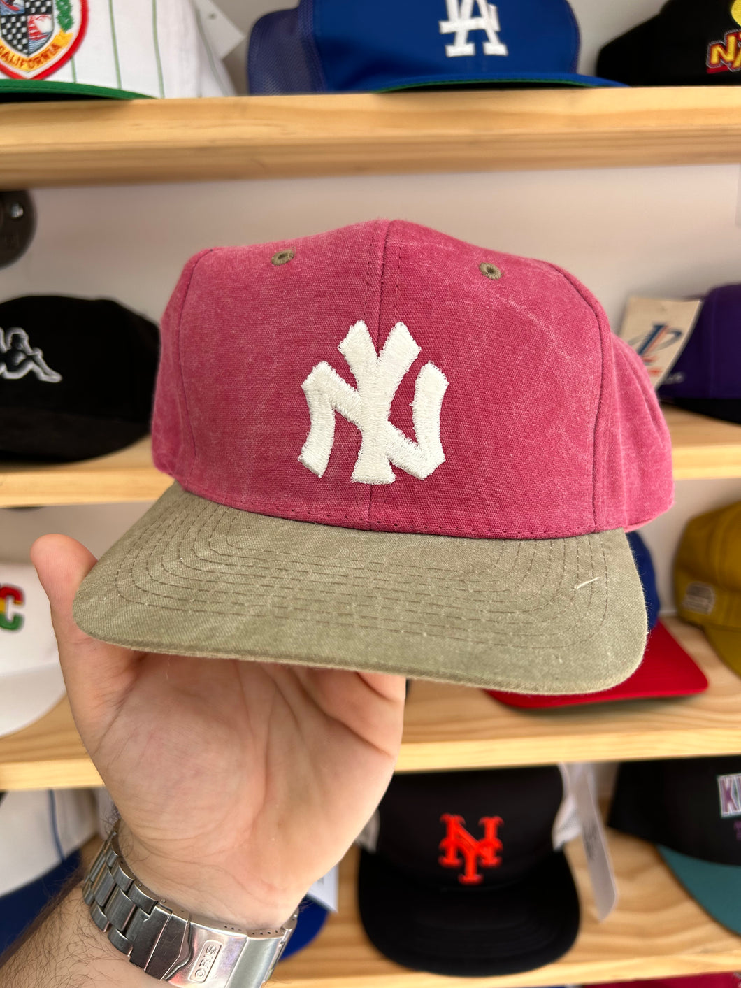 Vintage Yankees Khaki / Rose Nissin Leather Strapback Hat