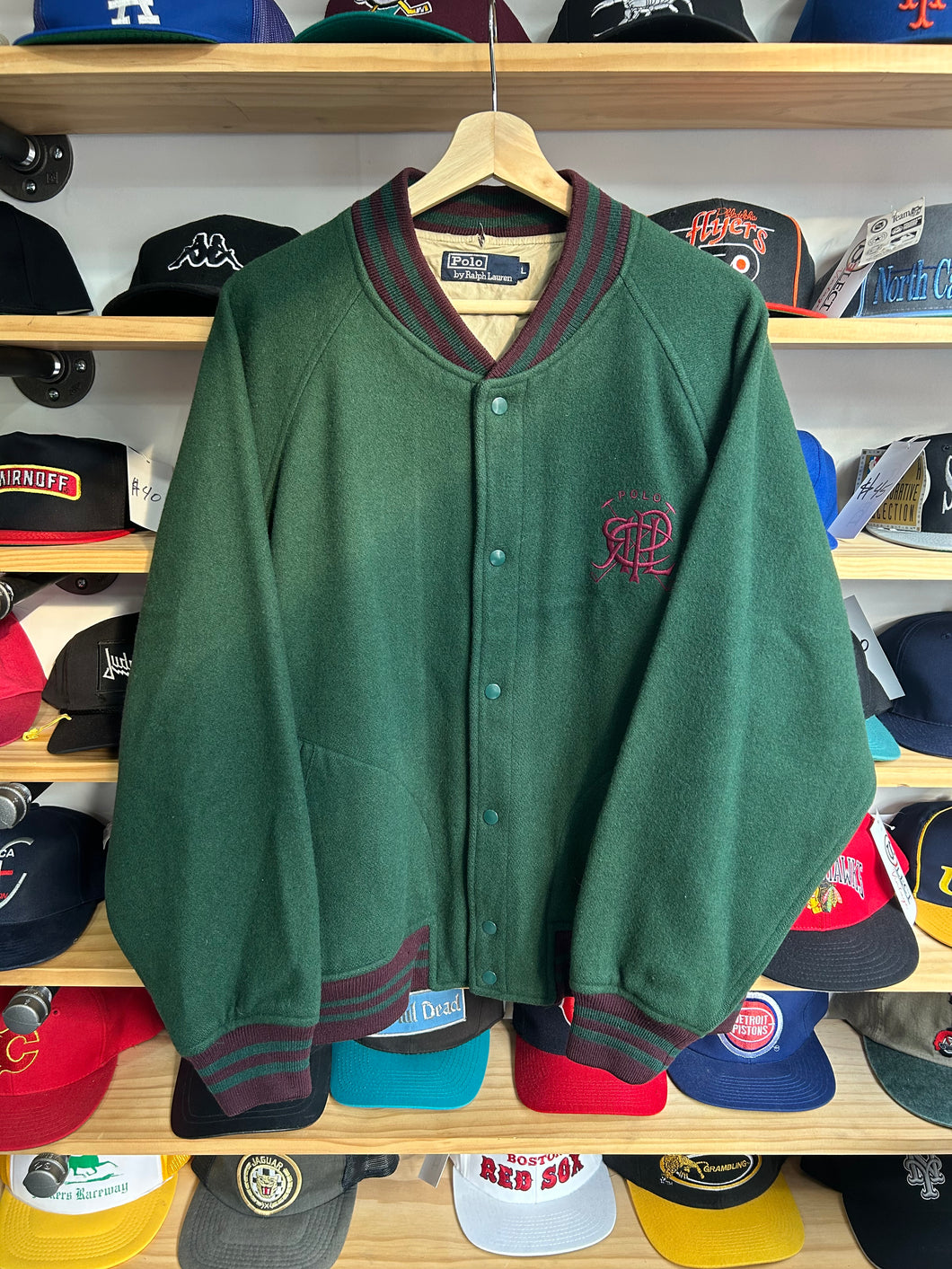 Vintage Ralph Lauren Green / Purple Wool Scribble Varsity Jacket Large