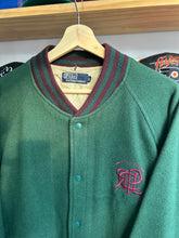 Load image into Gallery viewer, Vintage Ralph Lauren Green / Purple Wool Scribble Varsity Jacket Large
