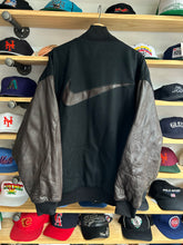 Load image into Gallery viewer, Vintage 90s Nike Wool / Leather Black Brown Swoosh Varsity Jacket XL
