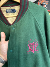 Load image into Gallery viewer, Vintage Ralph Lauren Green / Purple Wool Scribble Varsity Jacket Large
