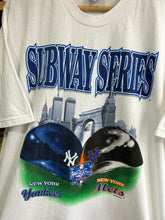 Load image into Gallery viewer, Vintage 2000 Mets Yankees Subway Series Helmets Tee XL
