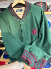 Load image into Gallery viewer, Vintage Ralph Lauren Green / Purple Wool Scribble Varsity Jacket Large
