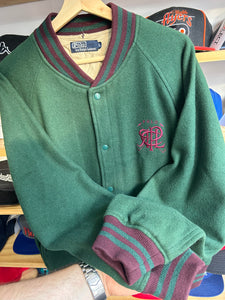 Vintage Ralph Lauren Green / Purple Wool Scribble Varsity Jacket Large