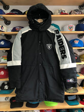 Load image into Gallery viewer, Vintage Starter Oakland Raiders Puffer Trench Sideline Jacket Size Large
