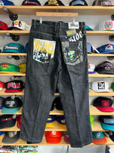 Load image into Gallery viewer, Vintage Y2K Raw Blue Sacred Grounds Cross Skull Denim 36/34
