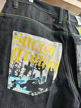 Load image into Gallery viewer, Vintage Y2K Raw Blue Sacred Grounds Cross Skull Denim 36/34
