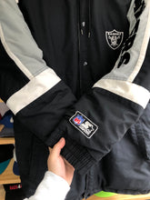 Load image into Gallery viewer, Vintage Starter Oakland Raiders Puffer Trench Sideline Jacket Size Large
