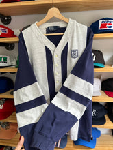 Load image into Gallery viewer, Vintage Polo Ralph Lauren Gray / Navy Uni Crest Baseball Sweater Large
