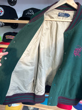 Load image into Gallery viewer, Vintage Ralph Lauren Green / Purple Wool Scribble Varsity Jacket Large
