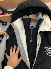 Load image into Gallery viewer, Vintage Starter Oakland Raiders Puffer Trench Sideline Jacket Size Large
