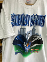 Load image into Gallery viewer, Vintage 2000 Mets Yankees Subway Series Helmets Tee XL
