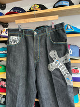 Load image into Gallery viewer, Vintage Y2K Raw Blue Sacred Grounds Cross Skull Denim 36/34
