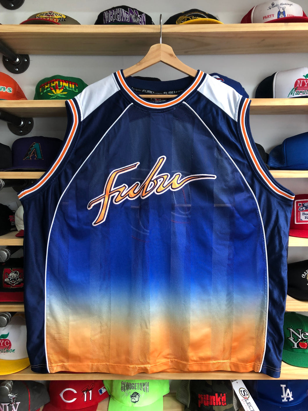 Vintage Fubu Blue/Silver/Orange Gradient Basketball Jersey Size 3XL