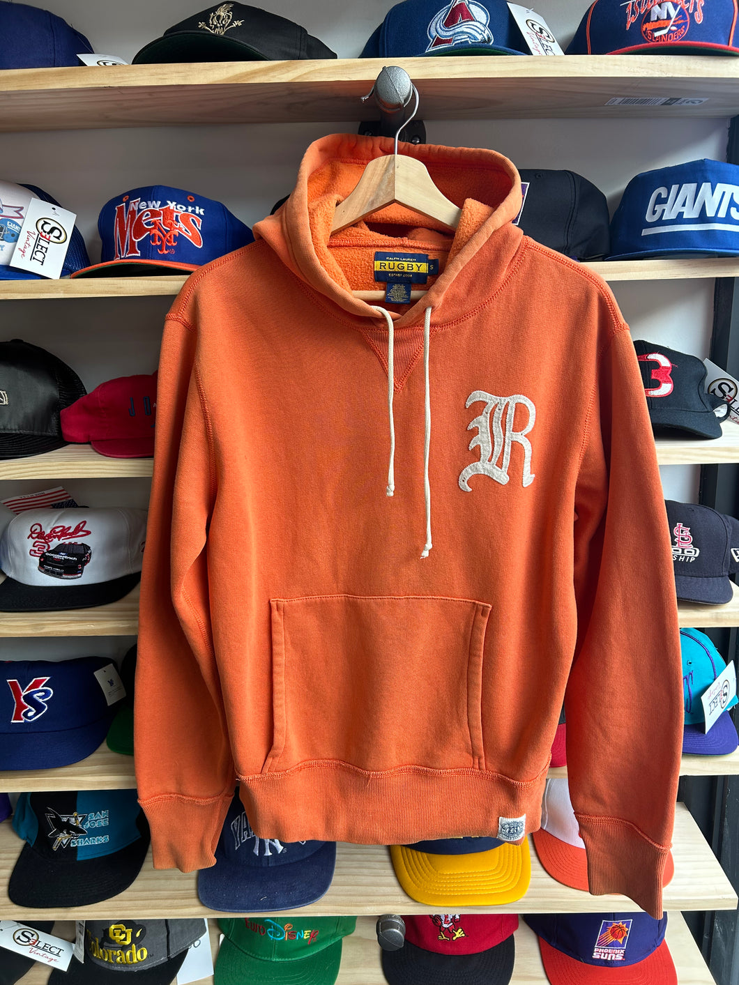 Vintage Ralph Lauren Rugby Orange Old English Letter Hoodie Small