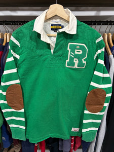 Vintage Ralph Lauren Rugby Green Football Long Sleeve Leather Elbows Small