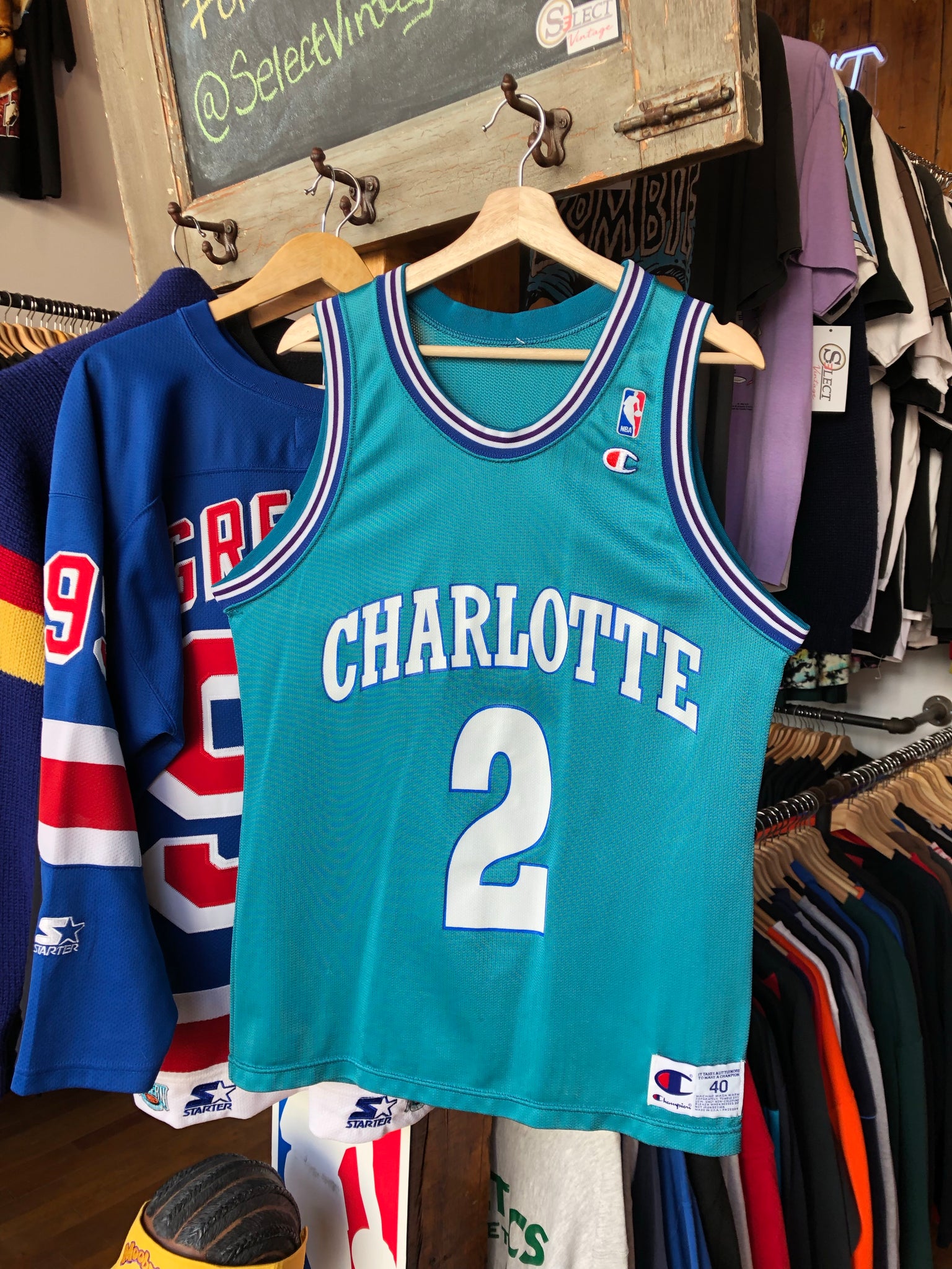 Vintage Charlotte Hornets Jersey Champion Larry Johnson SIGNED 