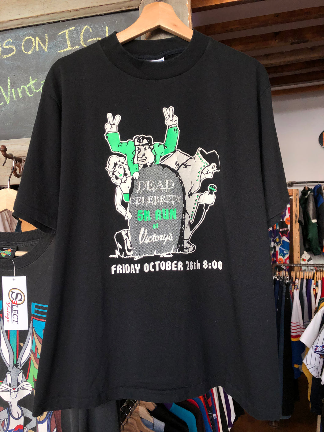 Vintage 1990s Single Stitched Dead Celebrity 5K Run At Victory’s Double Sided Tee Size Large
